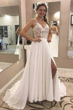 A Line V Neck Open Back Chiffon Ivory Lace Long Lace up Wedding Dresses with Appliques WK968