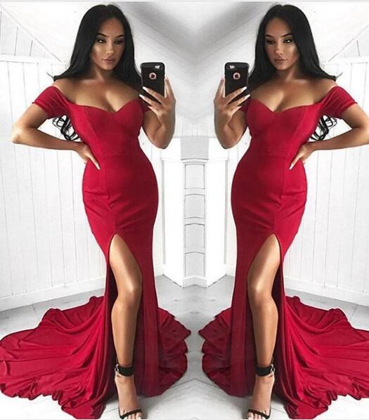 Sexy Mermaid Off the Shoulder Slit Sweetheart Short Sleeve Satin Long Prom Dresses WK40