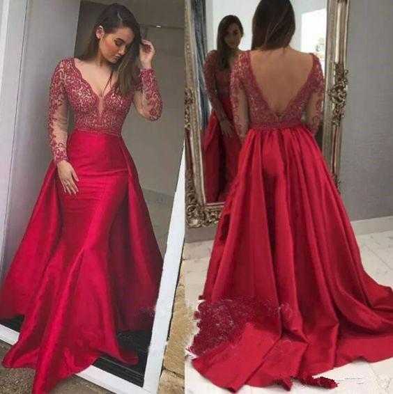 Elegant Mermaid Long Red Long Sleeve Beading V Neck Lace Satin Backless Prom Dresses WK851