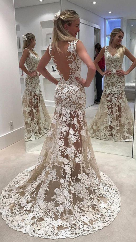 Elegant Lace Sheer Ivory V-Neck Appliques Sleeveless Mermaid Backless Wedding Dresses WK307