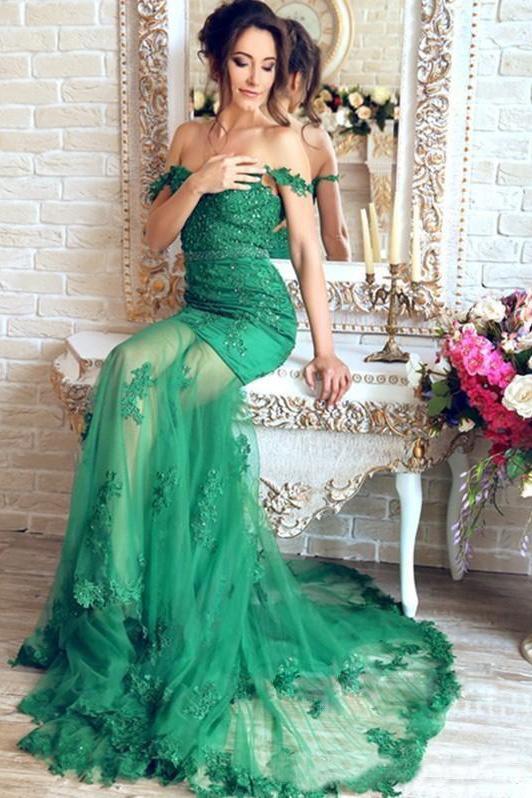 Gorgeous Green Mermaid V-Neck Lace Applique Sequins Beaded Tulle Prom Dresses WK131
