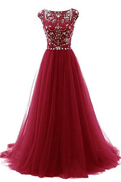 Elegant A Line Burgundy Beads Scoop Tulle Cap Sleeves Long Prom Dresses WK874