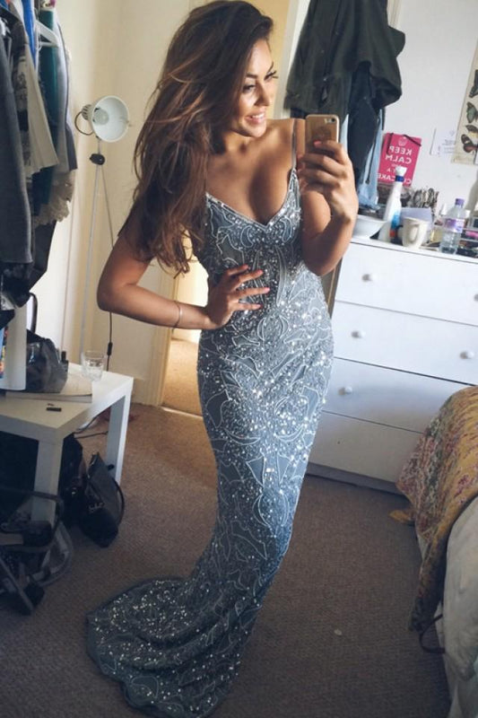 Stunning Mermaid Spaghetti Straps Beading V-Neck Appliques Long Prom Dresses WK923