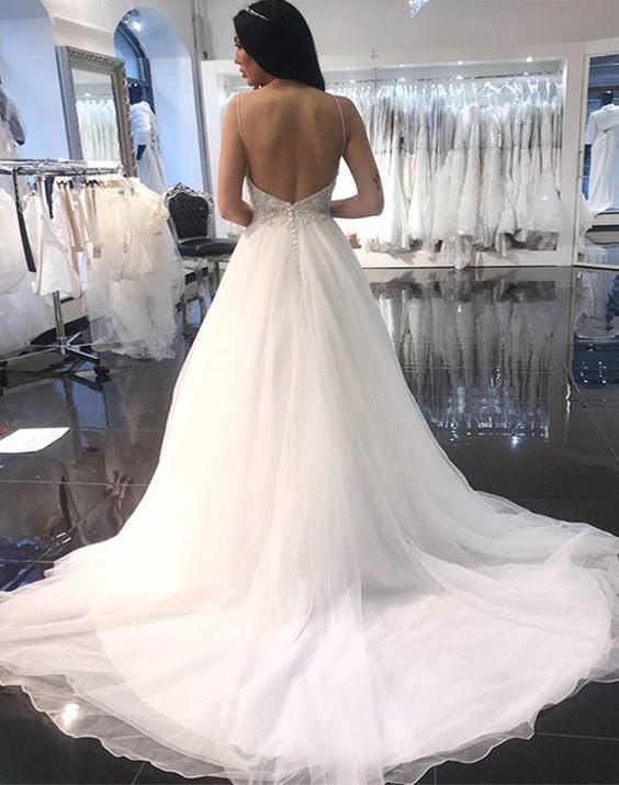 Elegant A Line Spaghetti Straps Backless V Neck Organza Wedding Dress with Beads WK229