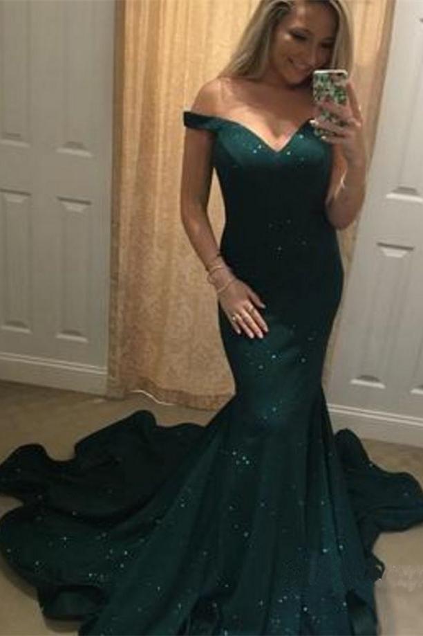 2024 Charming Off-the-Shoulder Green Mermaid Sweetheart Beads Prom Dresses WK382