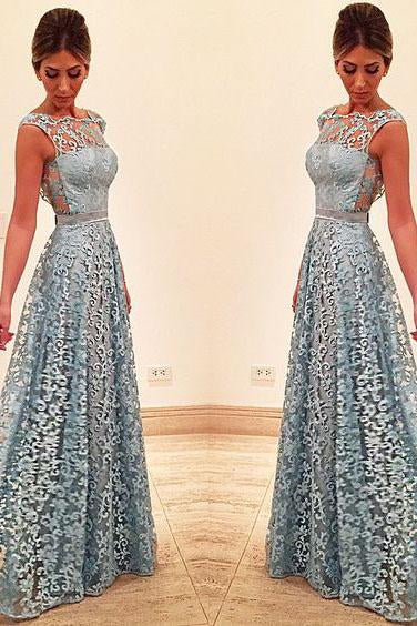 Elegant A Line Lace Appliques Long Blue Open Back Prom Dresses Homecoming Dresses WK919