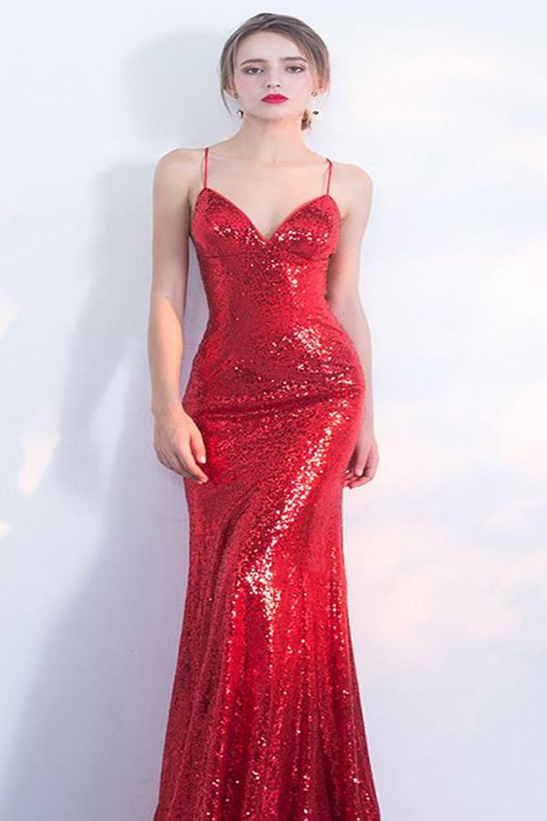 V-Neck Red Mermaid Spaghetti Straps Sparkly Backless Sleeveless Sequins Evening Dresses WK242