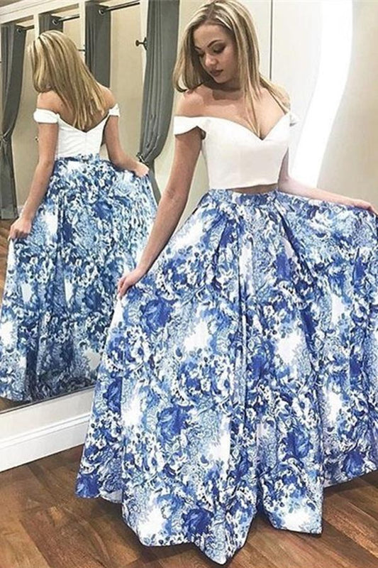 A Line Two Pieces Floral Off the Shoulder V Neck White Long Floor Length Prom Dresses WK771