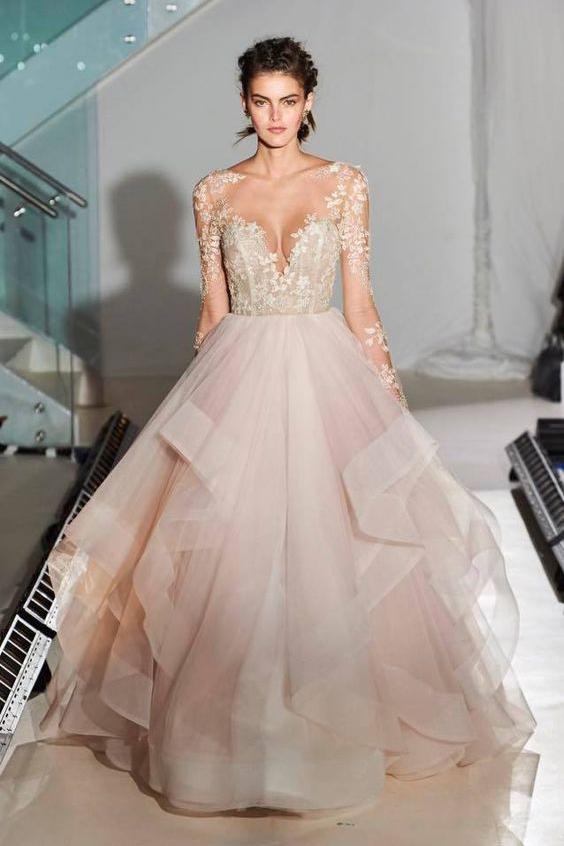 Fashion Ball Gown Lace Sheer Illusion Tulle Backless Long Asymmetrical Wedding Dress WK409