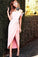 A-Line Sheath Pink Off-the-shoulder Silk-like Satin Tea-length Bow Prom Dresses WK487