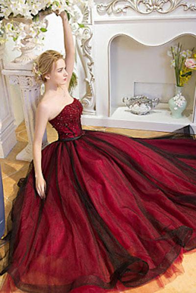 Strapless Beads Sleeveless Sweetheart Tulle Ball Gown Backless Black Burgundy Prom Dresses WK258