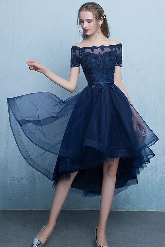 Dark Blue Lace Tulle Short Sleeve High Low Round Neck A-Line Short Prom Dresses WK408