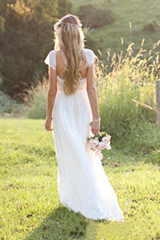 Beach A-Line Cap Sleeves Backless Lace Summer Scoop Open Back Ivory Wedding Dress WK700