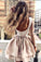 A Line High Neck Long Sleeve Pleats Open Back Satin Short Homecoming Dresses with Lace WK07