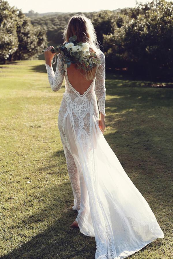 Ivory Sheath Brush Train Long Sleeve Backless Lace Wedding Dress Beach Wedding Dress WK476