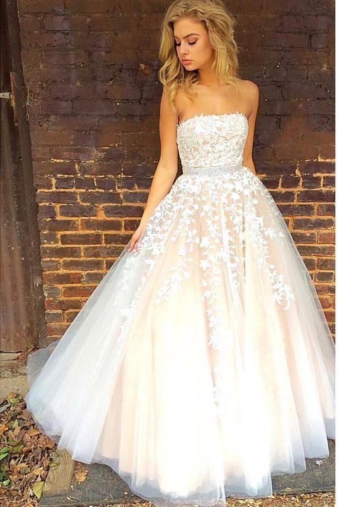 Gorgeous Strapless Sleeveless White Tulle Ball Gown Long Prom Dress Wedding Dresses WK766