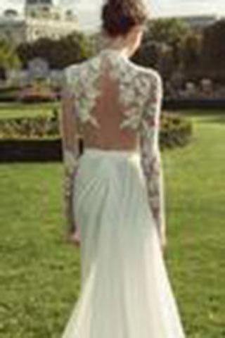 Gorgeous High Neck Long Sleeve See Through Lace Top Side Slit Ivory Chiffon Wedding Dress WK625