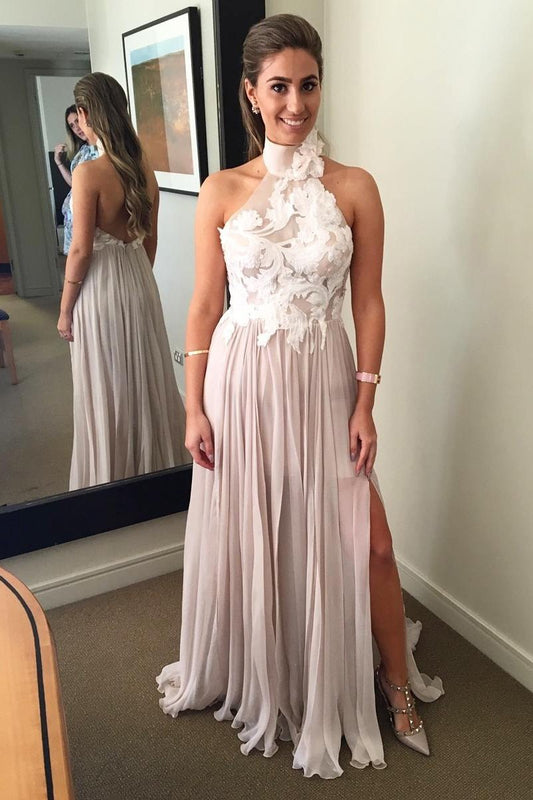 Elegant Halter Backless A-Line Chiffon Pink Appliques Bodice Split Sleeveless Prom Dresses WK261