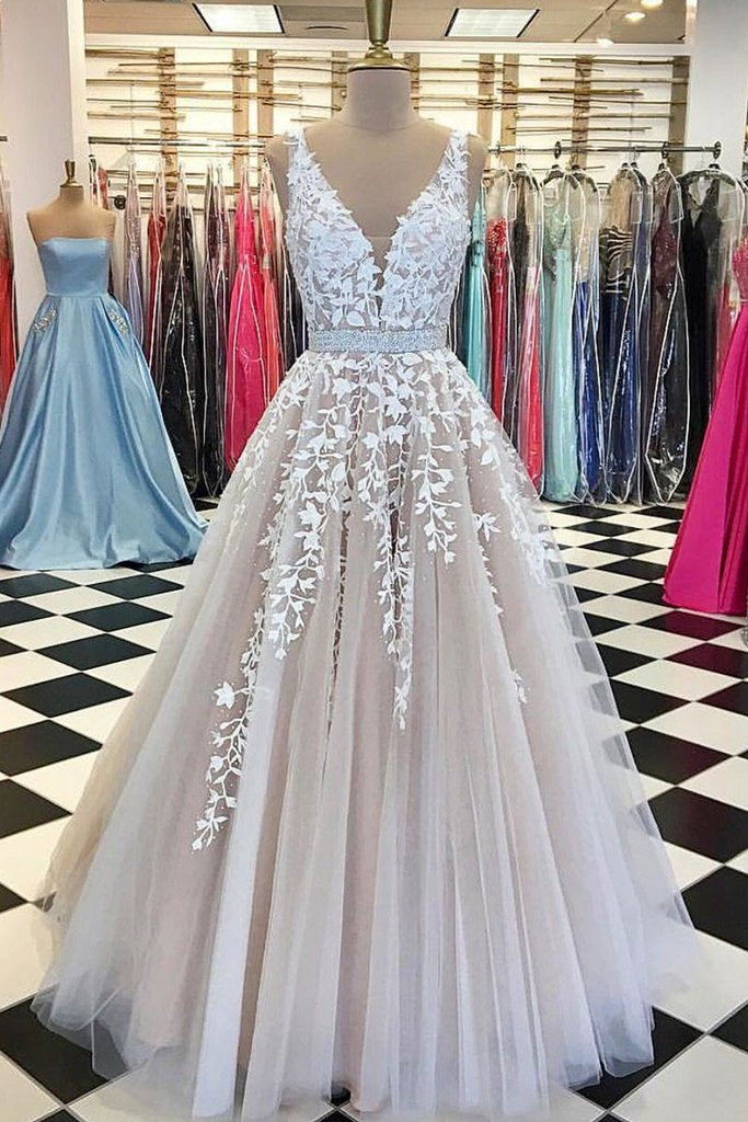 A-Line V-Neck Appliques Open Back Ivory Sleeveless Beads Evening Prom Dresses WK465