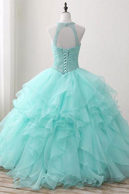 Ball Gown Long Green Sleeveless Open Back Lace up Beads High Neck Prom Dresses WK422