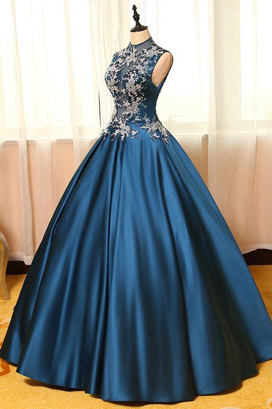High Neck Sleeveless Appliques Ball Gown Open Back Satin Long Blue Prom Dresses WK234