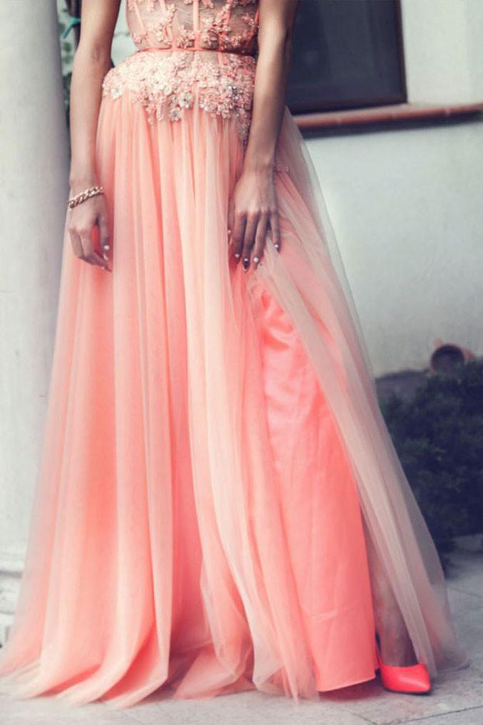 A-Line Strapless Lace Appliqued Floor-length Blush Pink Beaded Tulle Prom Dresses WK313