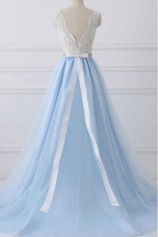 A-Line Lace Open Back V-Neck with Sash Blue and White Cap Sleeve Prom Dresses WK432