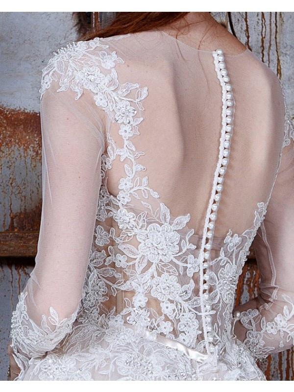Long A-Line Long Sleeve Tulle Lace Plus Size Princess Elegant Wedding Dress WK32
