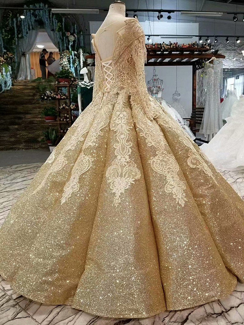 Ball Gown Gold Long Sleeves Lace Appliques Sequins Open Back Beads Quinceanera Dresses WK894