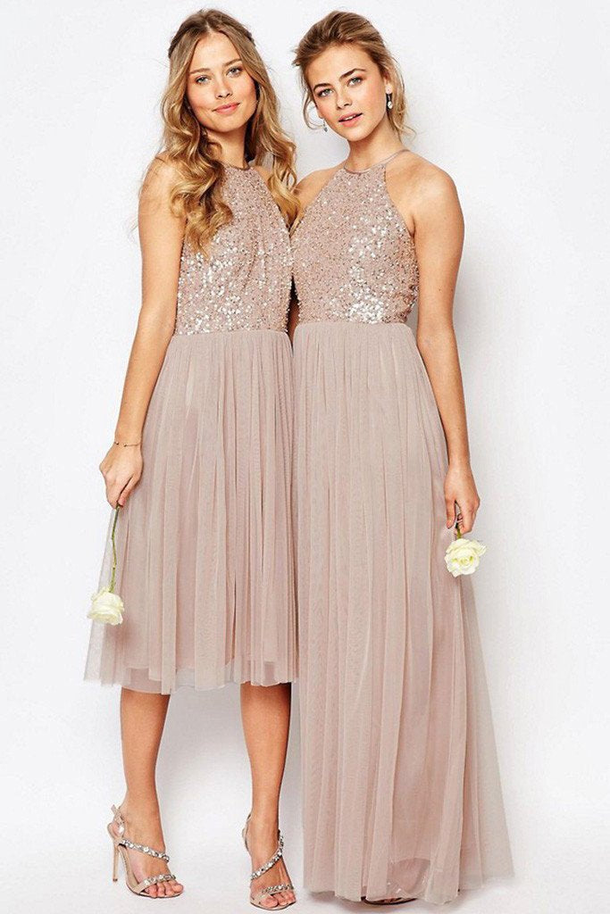 Gorgeous Glittering Top Tulle Halter Romantic Short Long Sleeveless Bridesmaid Dress WK352