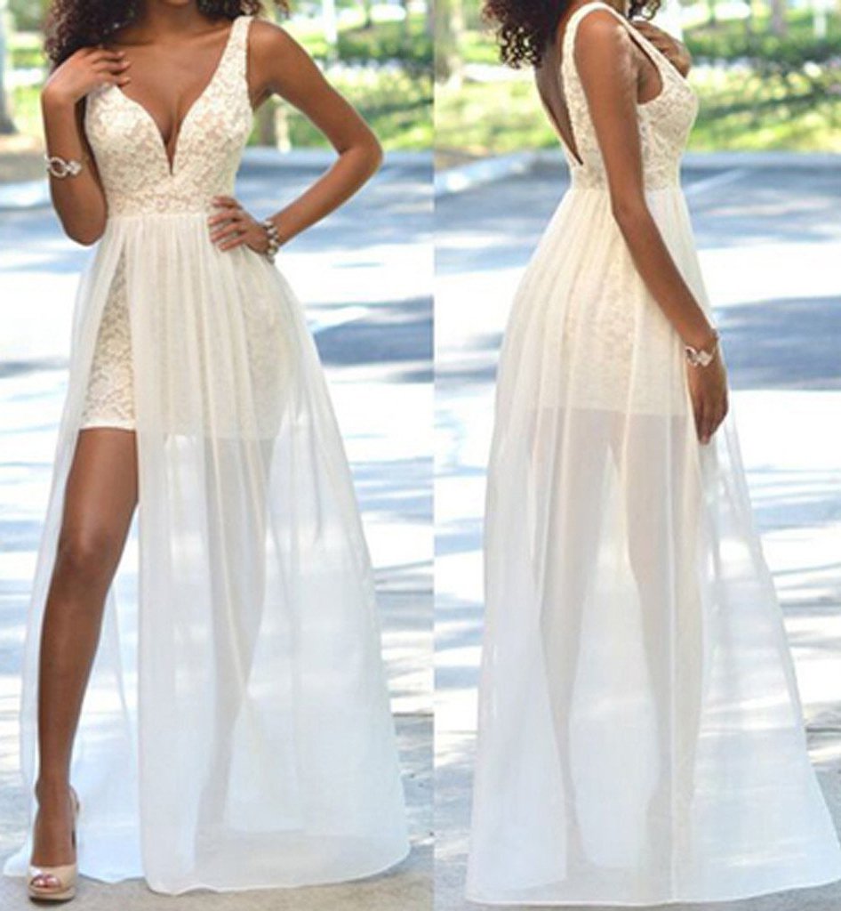 Cheap Popular Backless Sleeveless V-Neck Ivory Lace Side Slit Chiffon Prom Dresses WK188