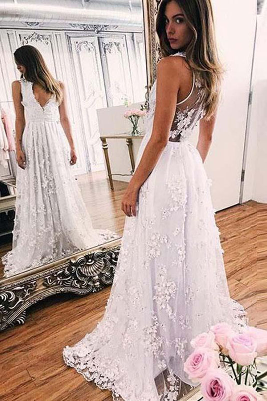 Sweep train A-line Ivory Lace V-neck Appliques Sleeveless Evening Dress Prom Dresses WK849