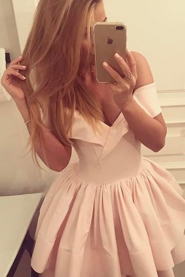 A-Line Off-the-Shoulder V-Neck Ruffles Short Pink Mini Satin Homecoming Dress WK279