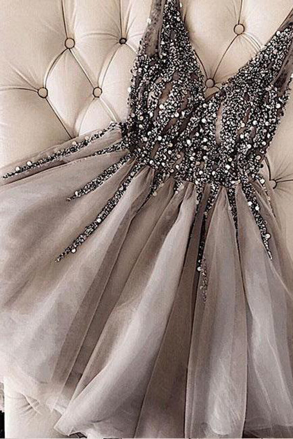 Gorgeous Deep Tulle With Sequins Beaded Homecoming Dresses