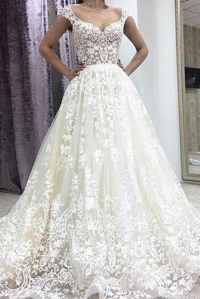 A-Line Deep V-neck Court Train Sleeveless Ivory Lace Wedding Dress with Appliques WK282