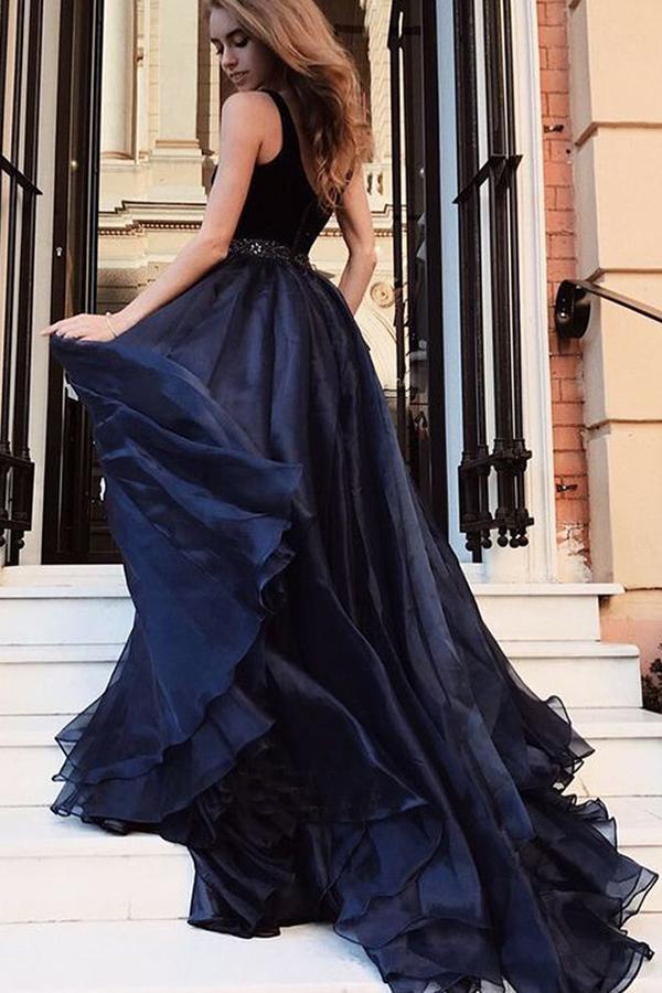 Gorgeous A Line Open Back Sleeveless With Split Side Dark Blue V Neck Prom Dresses WK74