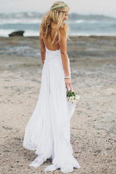 Beach Simple Casual White A-line Princess V neck Spaghetti Straps Wedding Dress WK136