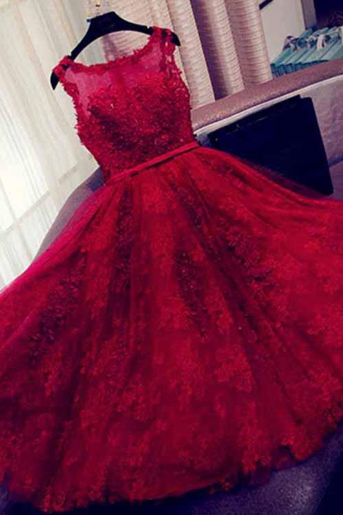 Fashion A-Line Scoop Sleeveless Red Long Homecoming Dress With Appliques WK14