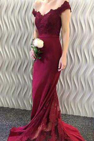 2022 Off-the-Shoulder Burgundy Lace Appliques Long Mermaid Prom Dresses WK370