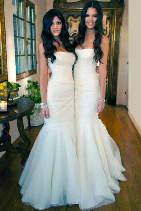 Gorgeous White Tulle Strapless Mermaid Long Cheap Simple Long Wedding Dresses WK574