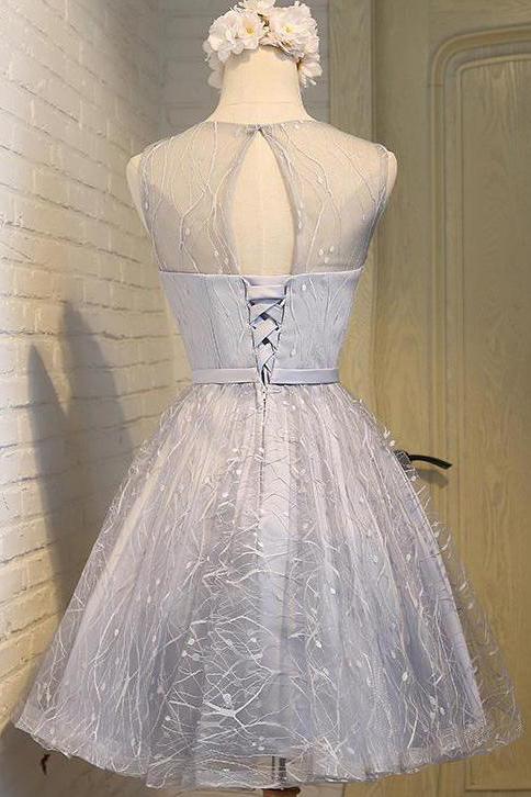 Cute Silver A Line See Through Scoop Organza Top Cheap Lace up Homecoming Dresses WK866