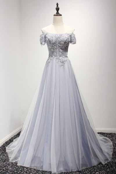 Dusty Blue A-Line Off-the-Shoulder Tulle Lace up Prom Dresses with Appliques Lace WK956