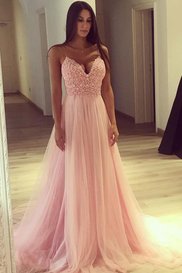 A Line Spaghetti Straps Pink Tulle V Neck Lace Appliques Sleeveless Long Prom Dresses WK72