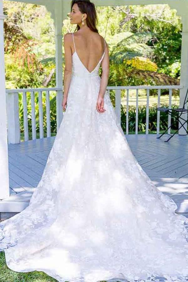 A Line Spaghetti Straps Backless V Neck Long Lace Wedding Dresses Bridal Dresses WK260