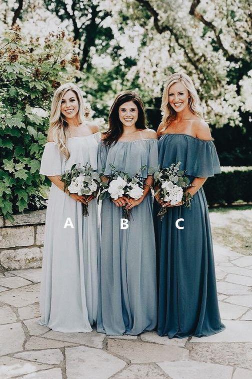 A Line Long Chiffon Off the Shoulder Slate Gray Mismatched Bridesmaid Dresses WK287