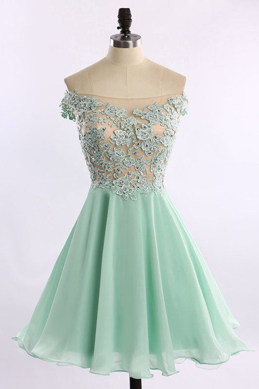 Short Chiffon Tulle Appliques Lace Beads Cute Off the Shoulder Green Homecoming Dresses WK740
