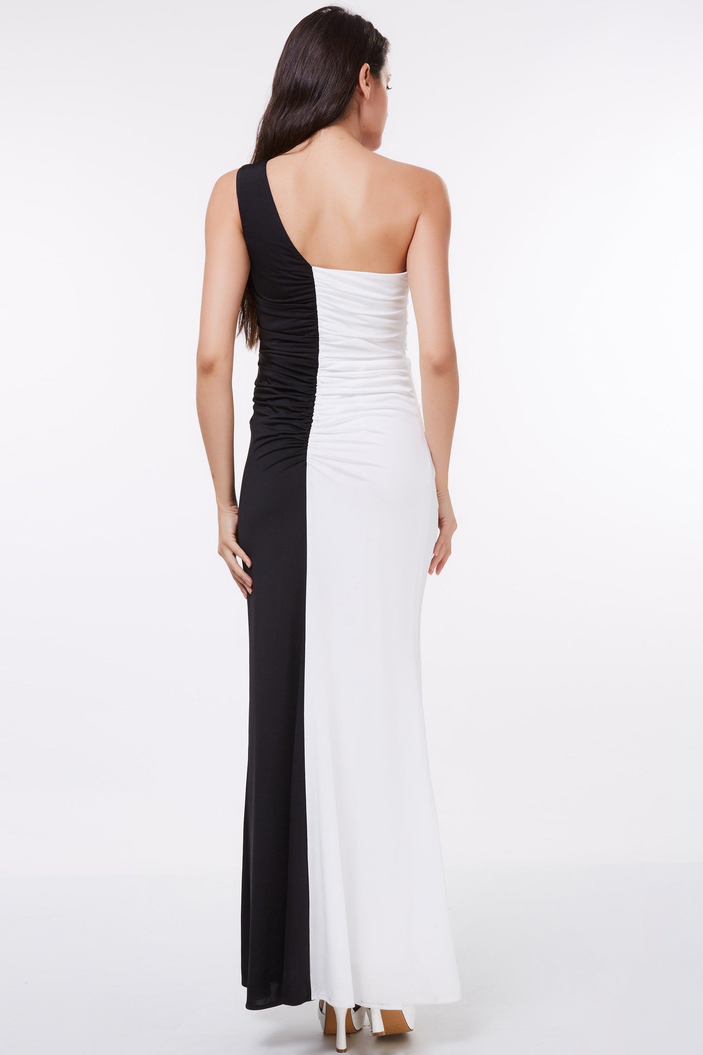 Mermaid Long Black and White Floor Length One Shoulder Beads Ruffles Prom Dresses WK265