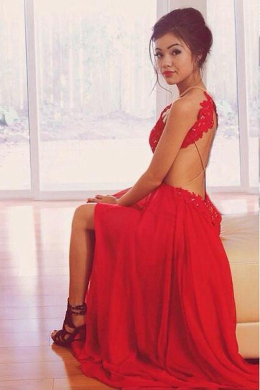 Elegant A Line Chiffon Open Back Halter Slit Red Long Cheap Prom Dresses WK58