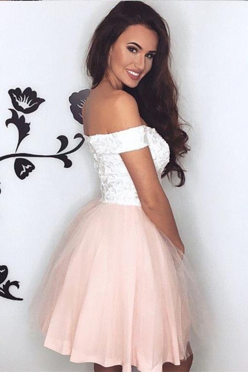 Pretty Lace V Neck Tulle Off the Shoulder Light Pink Sweetheart Homecoming Dresses WK721