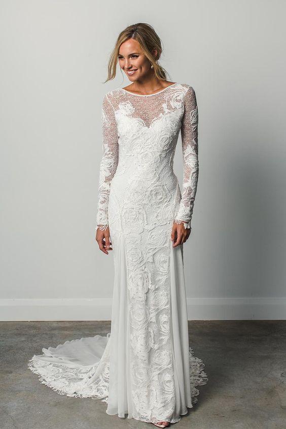Sheath A Line Long Sleeves Ivory Rustic Lace Backless Scoop Neck Beach Wedding Dresses WK726